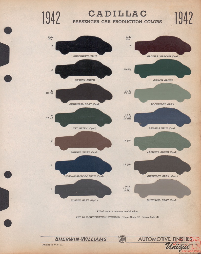 1942 Cadillac Paint Charts Williams 1